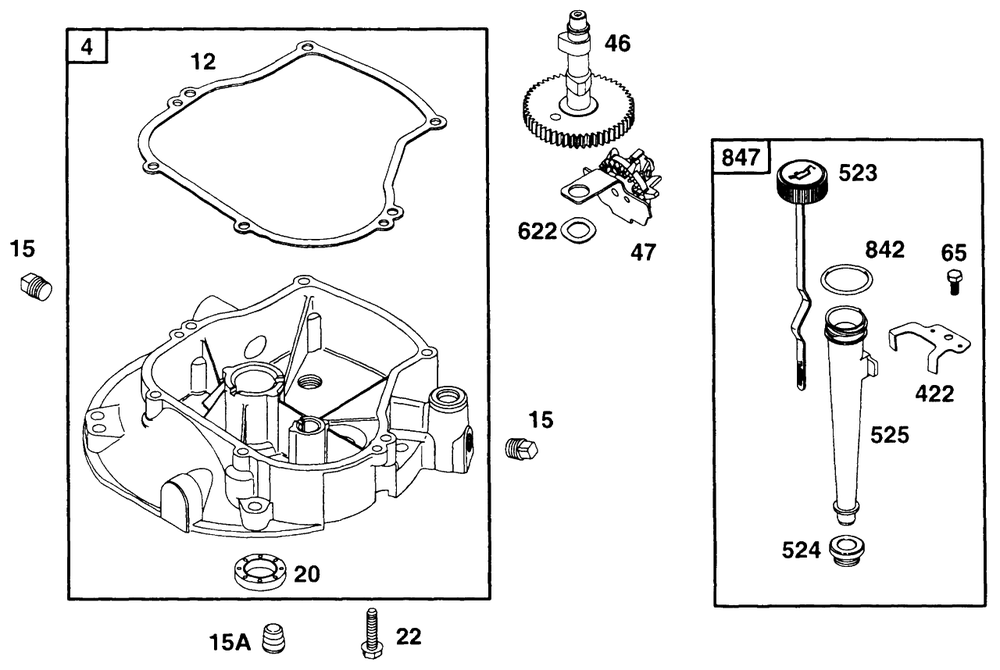 Sump Base Assembly Oil Fill Diagram and Parts List for 135702-0120-XX  Briggs and Stratton Engine